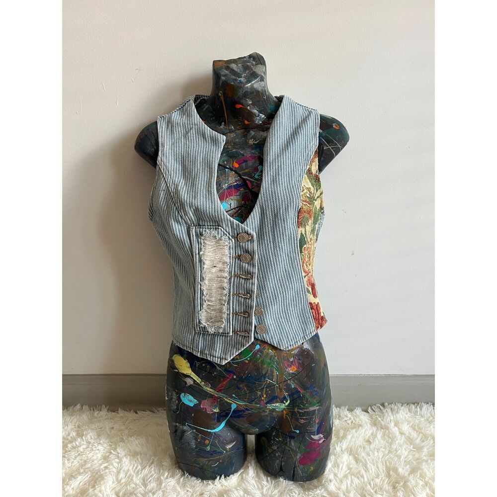 NWT AKIRA Womens Size S Pinstripe Floral Tapestry Patchwork Distressed Vest